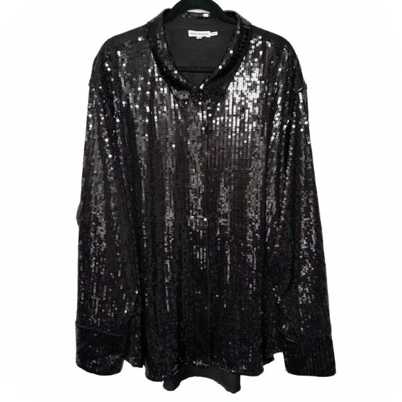 Good American Sequin Button Down Party Shirt - Black - Size 7 / 4x - Picture 1 of 9